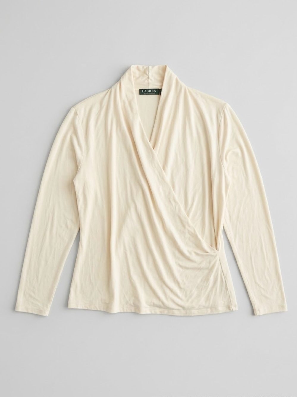 Lauren Ralph Lauren Faux Wrap Top Long Sleeve Jersey Blouse XXL Winter Cream